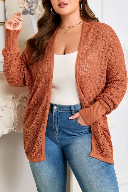 Plus Size Solid Pointelle Knit Open Front Cardigan