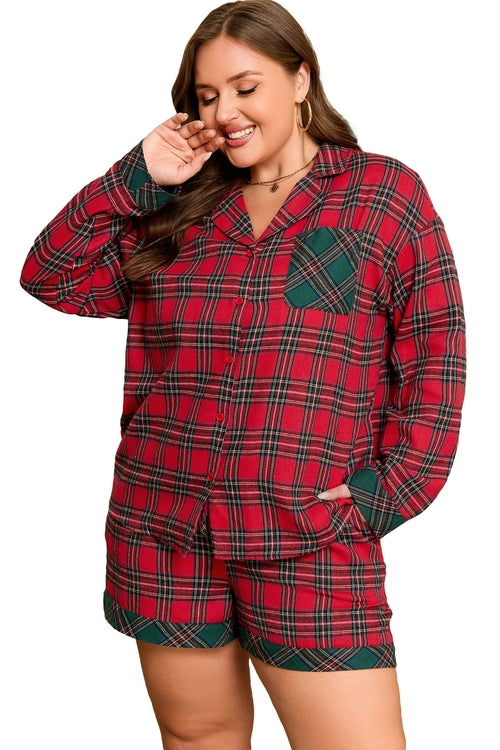 Plus Size Christmas Plaid Shirt and Shorts Pajama Set