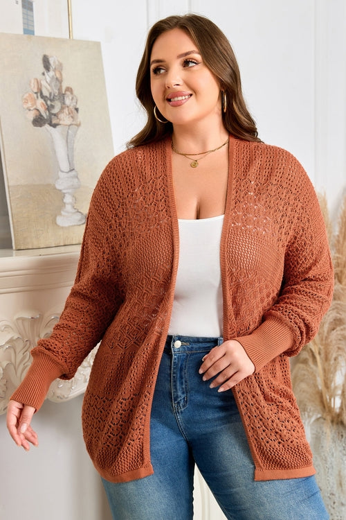 Plus Size Solid Pointelle Knit Open Front Cardigan