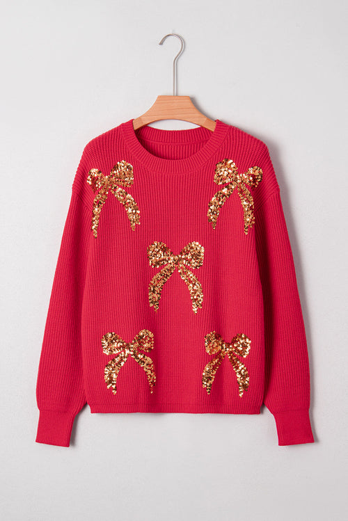 Christmas Sequin Bow Drop Shoulder Sweater