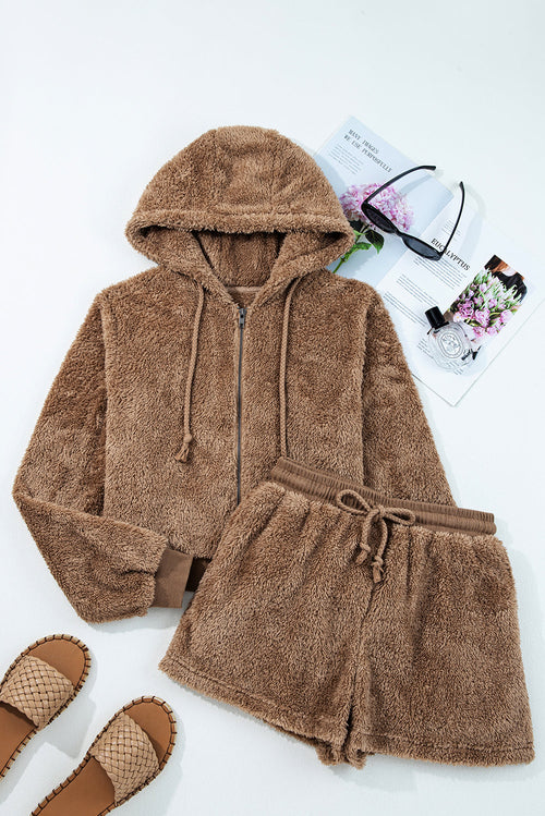 Sherpa Zip-Up Hoodie and Drawstring Shorts Set