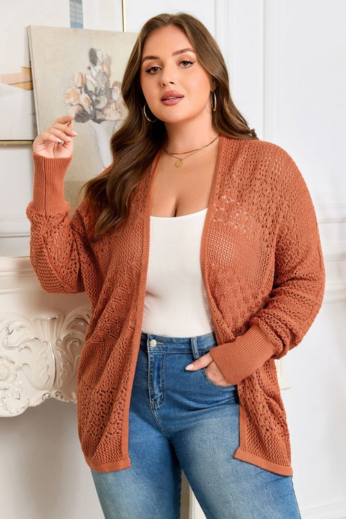 Plus Size Solid Pointelle Knit Open Front Cardigan