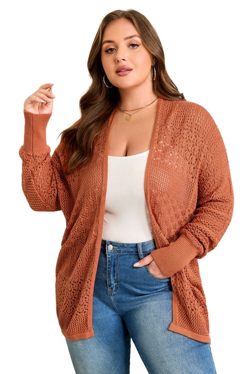 Plus Size Solid Pointelle Knit Open Front Cardigan