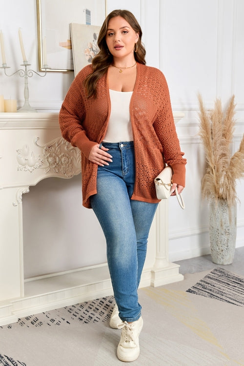 Plus Size Solid Pointelle Knit Open Front Cardigan